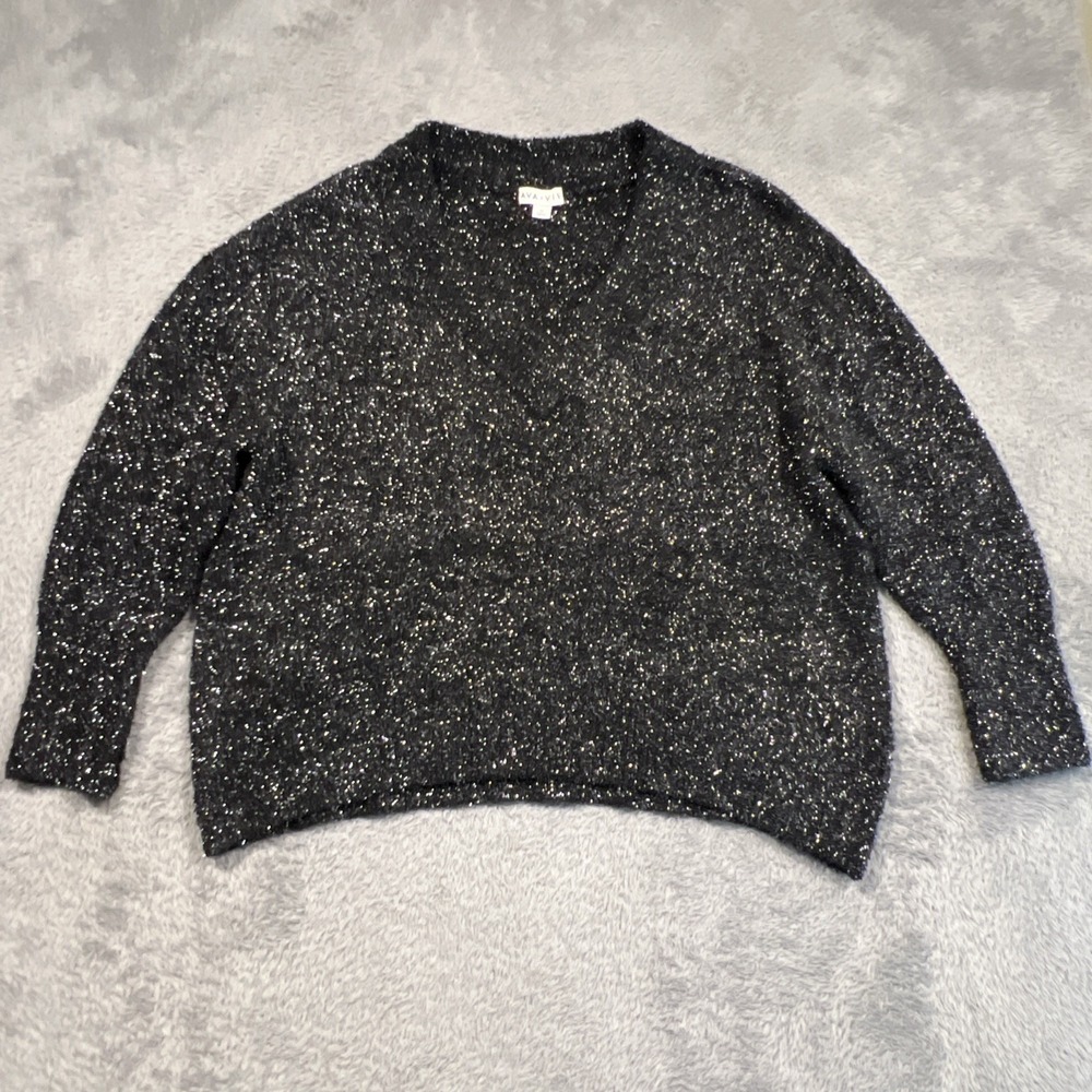 Ava & Viv‎ Sweater V-Neck Metallic Shimmer Fuzzy Black Womens 2X